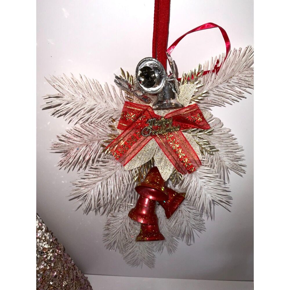 Vintage faux pine Christmas holiday wall hanging red bells bow 50's kitch MCM - Picture 3 of 4